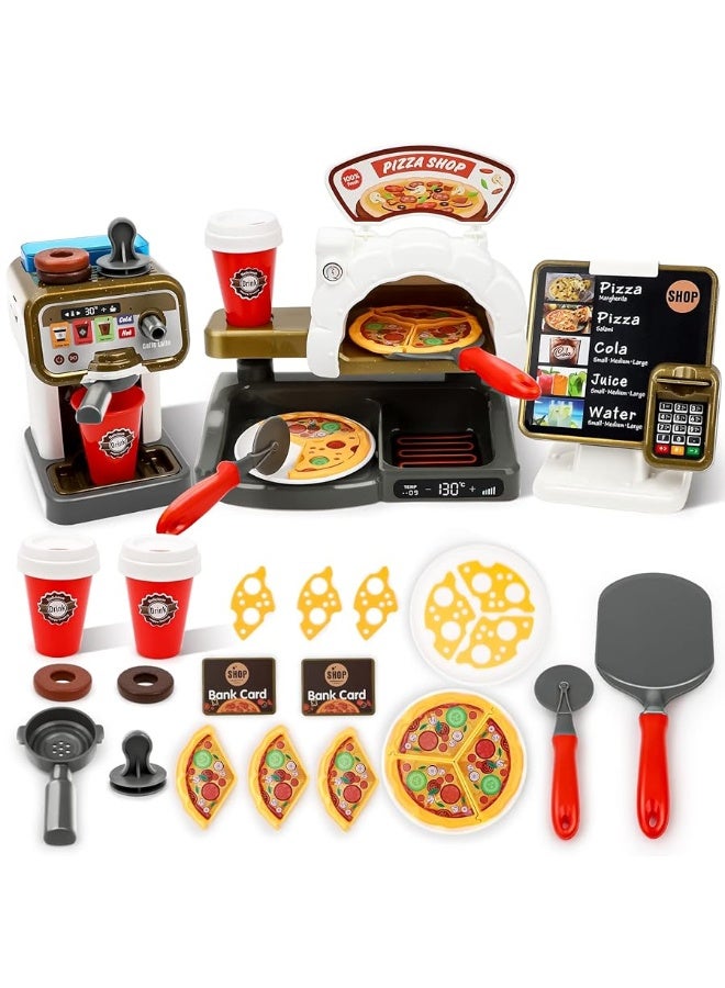 deAO Pretend Play Store Coffee Playset Kids Coffee Maker Play Set Pizzas Shop with Cash Register 30pcs STEM Toy for Kids Great Pre-School Gift for Toddlers Boys & Girls Age 3+