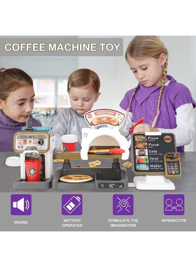 deAO Pretend Play Store Coffee Playset Kids Coffee Maker Play Set Pizzas Shop with Cash Register 30pcs STEM Toy for Kids Great Pre-School Gift for Toddlers Boys & Girls Age 3+