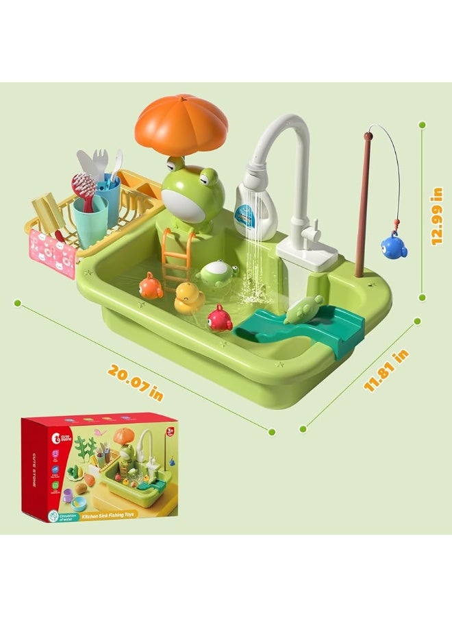 CUTE STONE Play Sink with Running Water, Kitchen Sink Toys with Upgraded Electric Faucet, Play Kitchen Toy Accessories, Pool Floating Fishing Toys for Water Play, Kids Role Play Dishwasher Toy