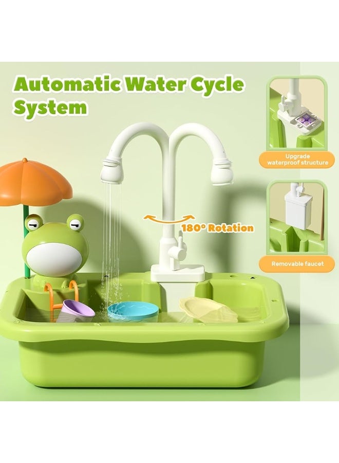 CUTE STONE Play Sink with Running Water, Kitchen Sink Toys with Upgraded Electric Faucet, Play Kitchen Toy Accessories, Pool Floating Fishing Toys for Water Play, Kids Role Play Dishwasher Toy