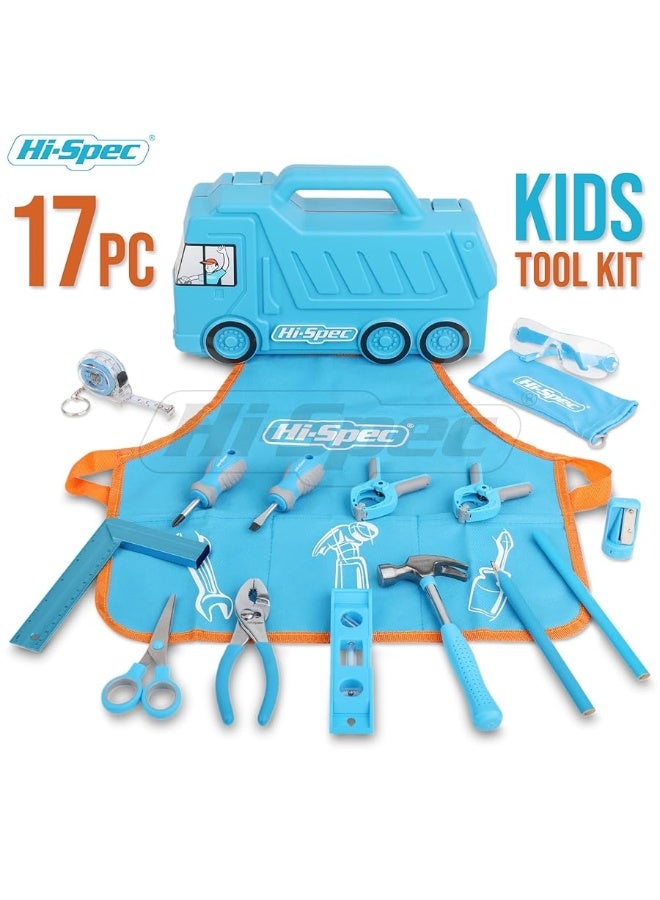 Hi-Spec 17pc Kids Real Tool Set & Child Truck Tool Box - Real Metal Hand Tools for DIY Building, Woodwork & Construction - Blue