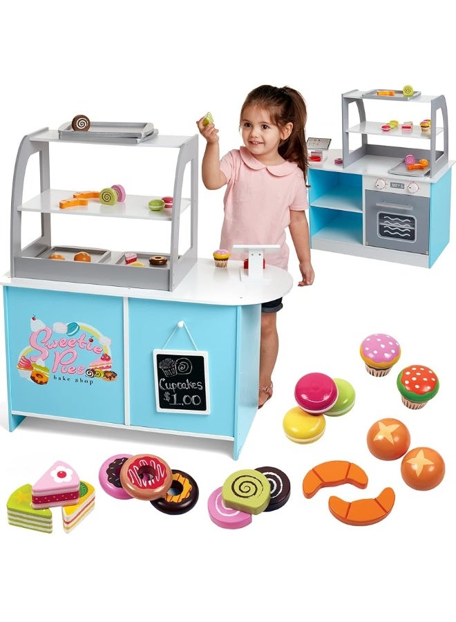 Wooden Bakery Playset Pretend Stand for Kids - 25 Piece Bake Shop Counter w Food, Chalkboard, Cash Register, Trays - Durable Construction for Creative Playtime