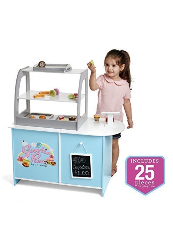 Wooden Bakery Playset Pretend Stand for Kids - 25 Piece Bake Shop Counter w Food, Chalkboard, Cash Register, Trays - Durable Construction for Creative Playtime