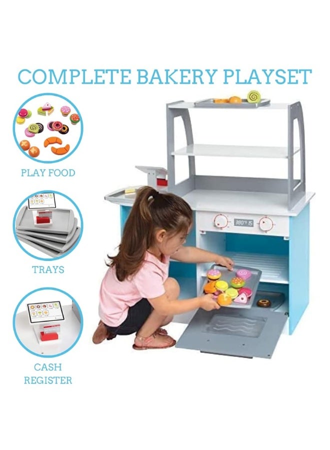 Wooden Bakery Playset Pretend Stand for Kids - 25 Piece Bake Shop Counter w Food, Chalkboard, Cash Register, Trays - Durable Construction for Creative Playtime