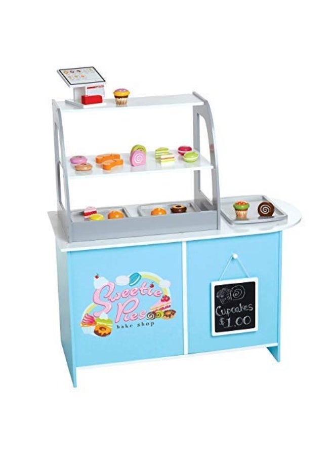 Wooden Bakery Playset Pretend Stand for Kids - 25 Piece Bake Shop Counter w Food, Chalkboard, Cash Register, Trays - Durable Construction for Creative Playtime