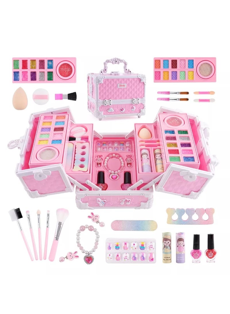 Makeup Set for Girls, Washable Cosmetic Kit, Makeup Box Suitcase Includes Lipstick/Eyeshadows/Nail Polish/Stickers, Kid Toy Gift