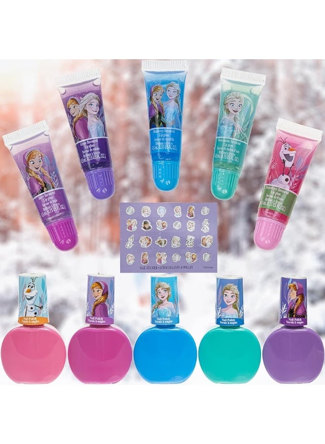 Disney Frozen 2 - Townley Girl Super Sparkly Cosmetic Makeup Set for Girls with Lip Gloss Nail Polish Nail Stickers - 11 Pcs|Perfect for Parties Sleepovers Makeovers| Birthday Gift for Girls 3 Yrs+