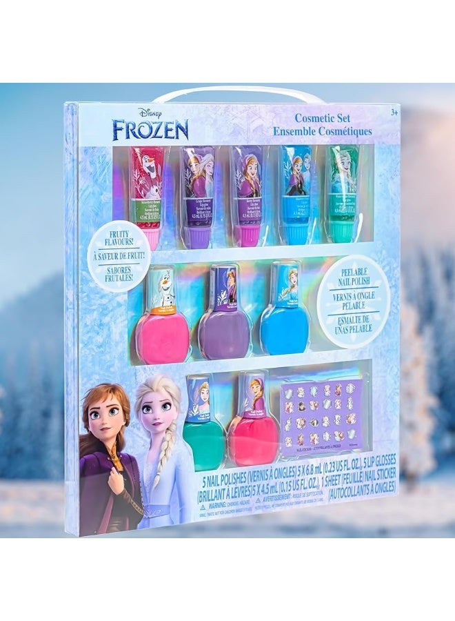 Disney Frozen 2 - Townley Girl Super Sparkly Cosmetic Makeup Set for Girls with Lip Gloss Nail Polish Nail Stickers - 11 Pcs|Perfect for Parties Sleepovers Makeovers| Birthday Gift for Girls 3 Yrs+