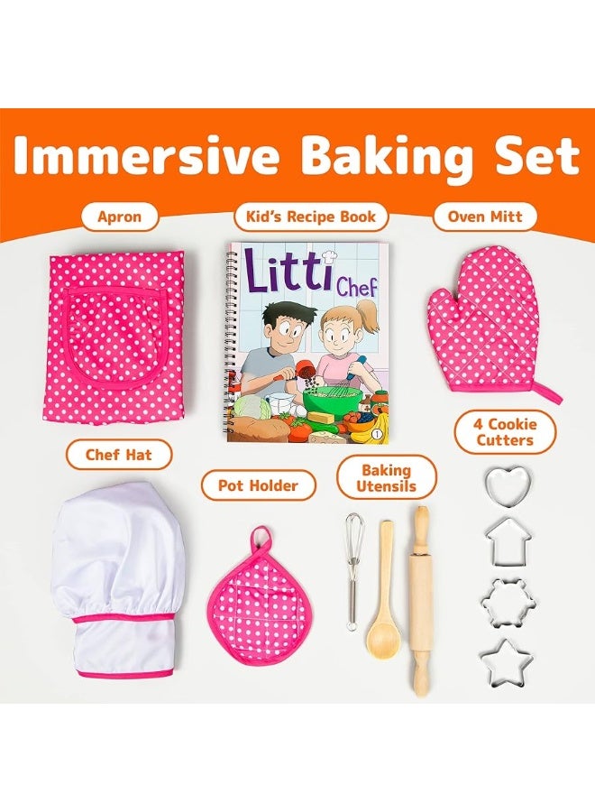 Kids Cooking and Baking Chef Set for Little Girls, Complete Cooking Sets, Toddler Dress Up & Pretend Play Dress Up Clothes for Little Girls, Kids Kitchen Toys 3-5 Years Old with Kids Aprons for Girls