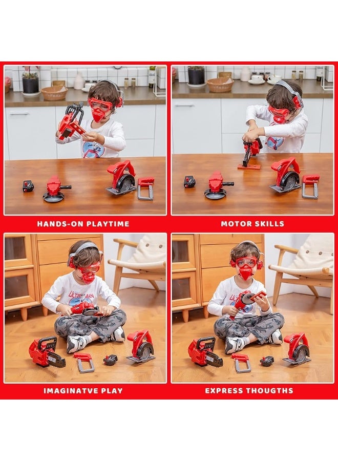 JOYIN 9Pcs Kids Tool Set, Pretend Play Toddler Tool Toys with Construction Worker Box & Electronic Drill Chainsaw Toy for Boy Girl Halloween Present Birthday Dress Up Party Favors