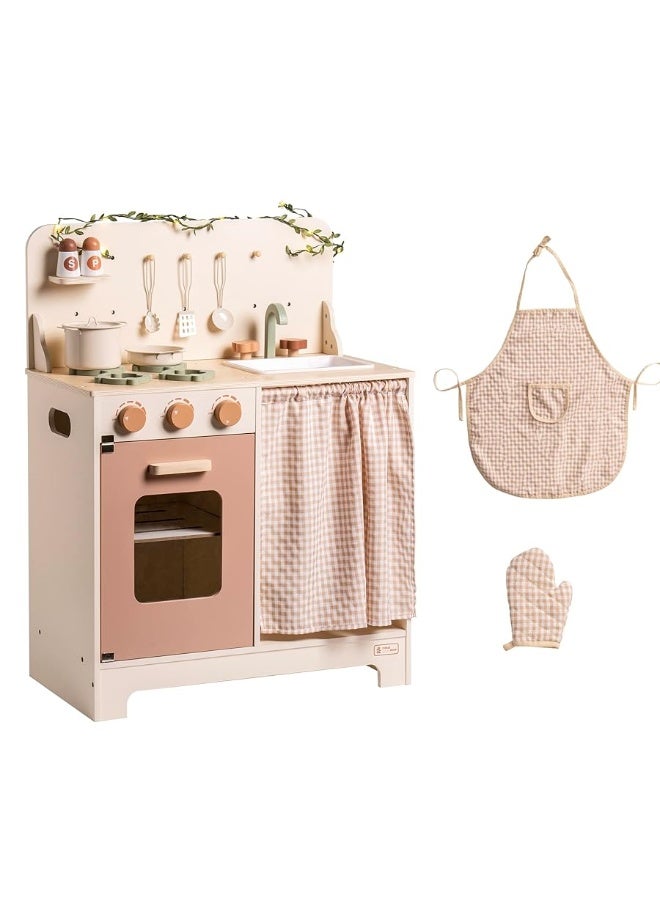 ROBOTIME Kids Play Kitchen Set - Rustic Wooden Kitchen Sets, Pretend Play Kitchen with Leaf Light String, Apron, and Groves, for Toddlers 3+ (Rustic Style)