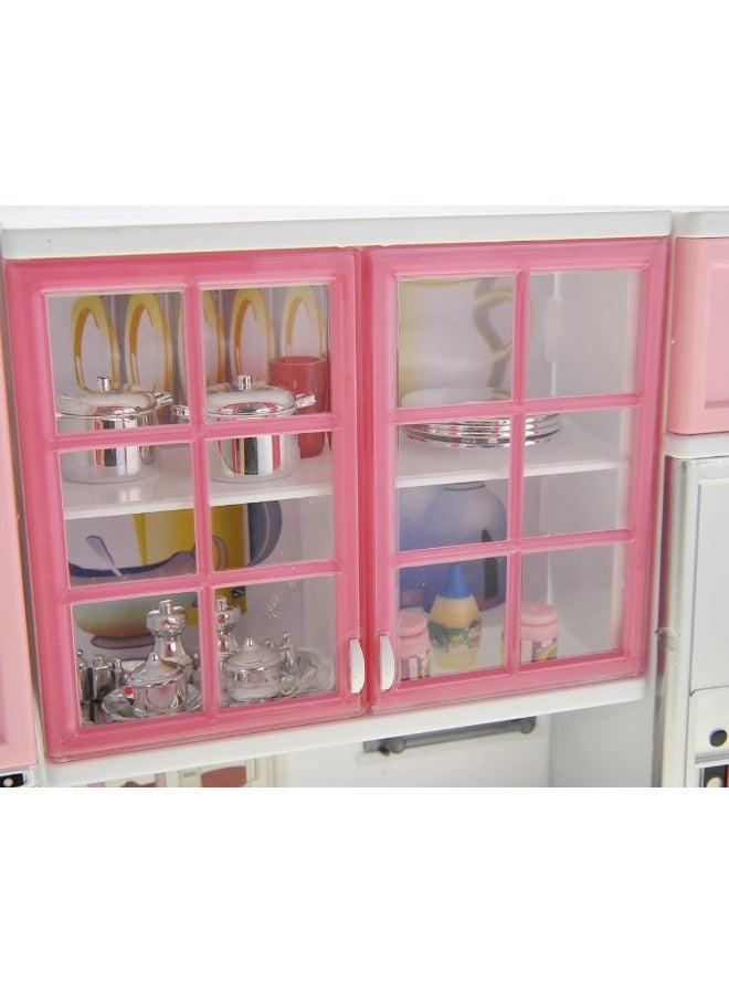 PowerTRC Doll Kitchen Play Set, Mini Modern Toy Pink Kitchen Pretend Play Furnitures Toy Set Accessories Set with Realistic Light & Sound for Kids Toddlers Girls (3-in-1)