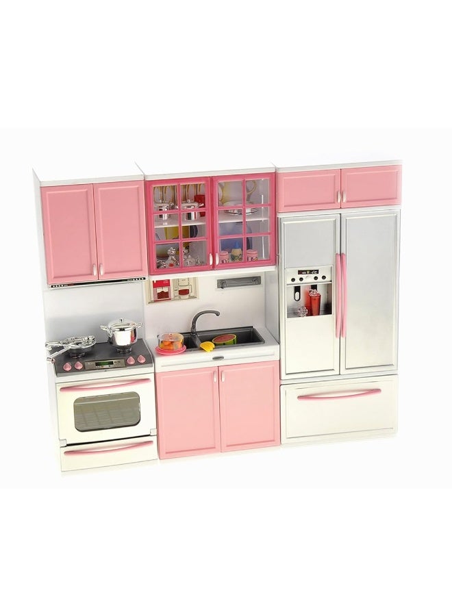 PowerTRC Doll Kitchen Play Set, Mini Modern Toy Pink Kitchen Pretend Play Furnitures Toy Set Accessories Set with Realistic Light & Sound for Kids Toddlers Girls (3-in-1)