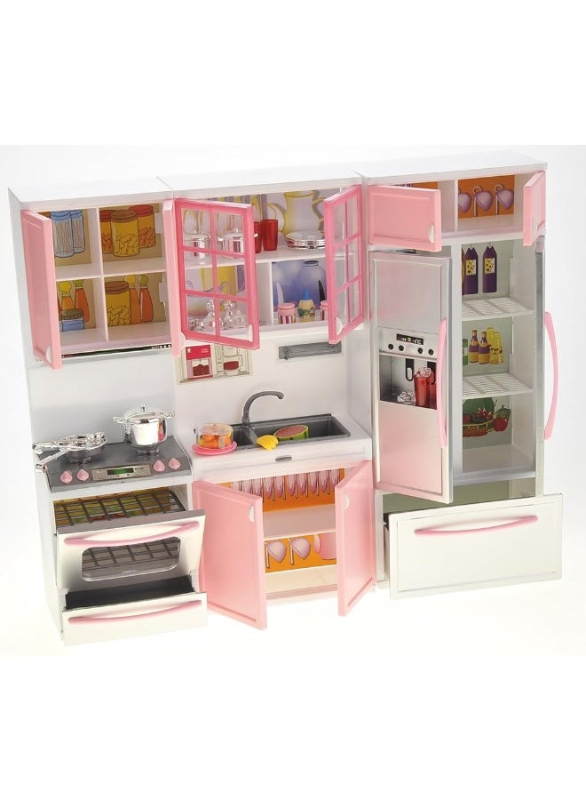 PowerTRC Doll Kitchen Play Set, Mini Modern Toy Pink Kitchen Pretend Play Furnitures Toy Set Accessories Set with Realistic Light & Sound for Kids Toddlers Girls (3-in-1)