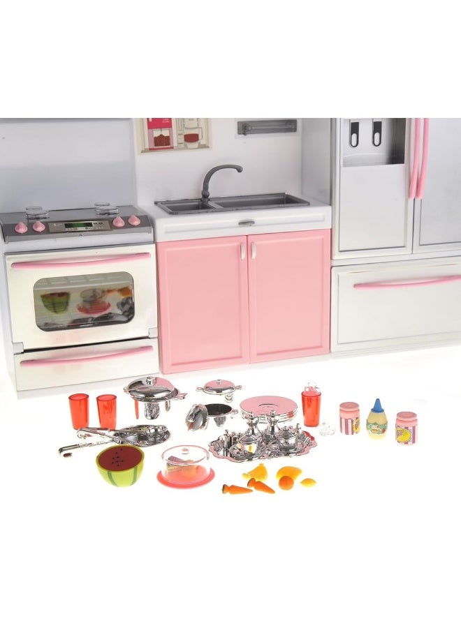 PowerTRC Doll Kitchen Play Set, Mini Modern Toy Pink Kitchen Pretend Play Furnitures Toy Set Accessories Set with Realistic Light & Sound for Kids Toddlers Girls (3-in-1)