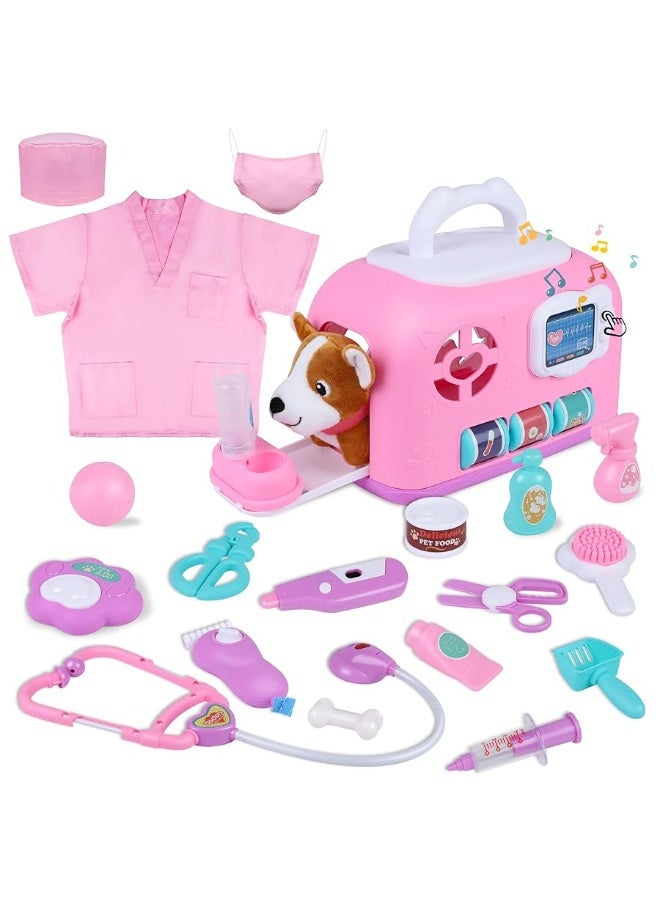 Gifts2U Pet Care Cage Play Set, Vet Clinic and Doctor Kit for Kids with Dress Up Costume, Doctor Medical Pretend Role Play Dog Grooming Toys, Puppy Feeding Carrier Toy for Boys and Girls Ages 3-8