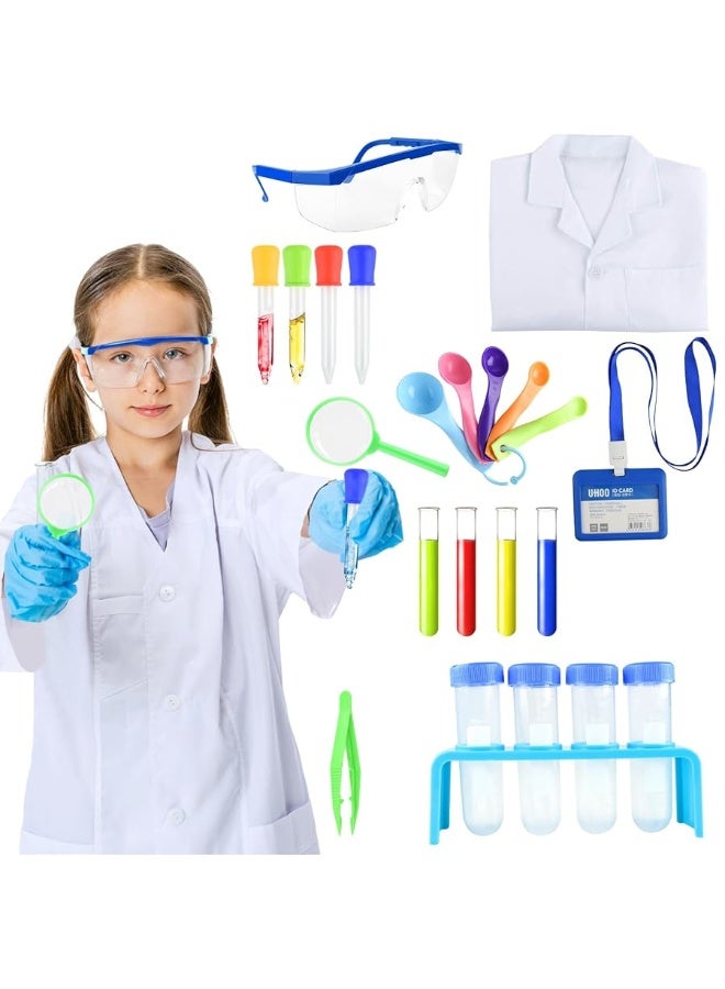 PLULON 23 Pieces Kids Scientist Costume Lab Coat with Science Experiment Kit Dress Up Pretend Play School Projects for Kids Boys Girls Halloween Party Costumes