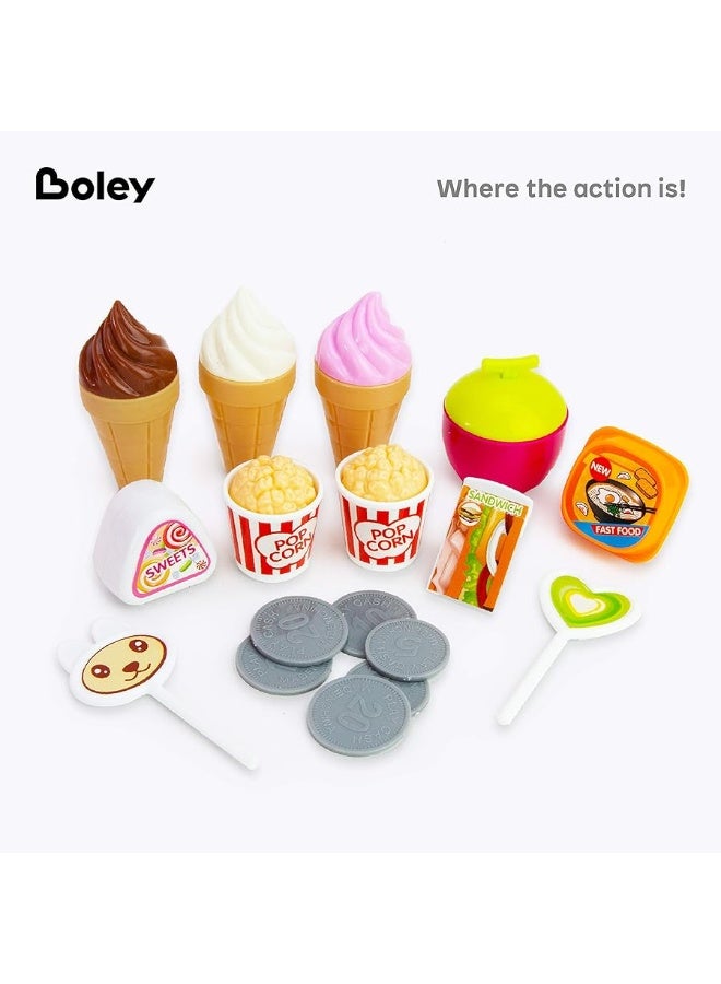 Boley Ice Cream Cart Toy Set  31Pc Interactive Pretend Play Food Station with Light  Music Safe Kids Playset Ideal for Children 3