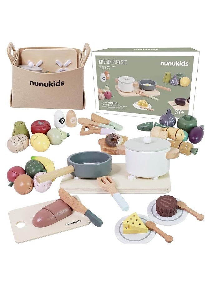 Wooden Play Food Sets for Kids Kitchen 42 pc Wooden Toys with Storage Basket Wood Pretend Food Play Kitchen Accessories Set