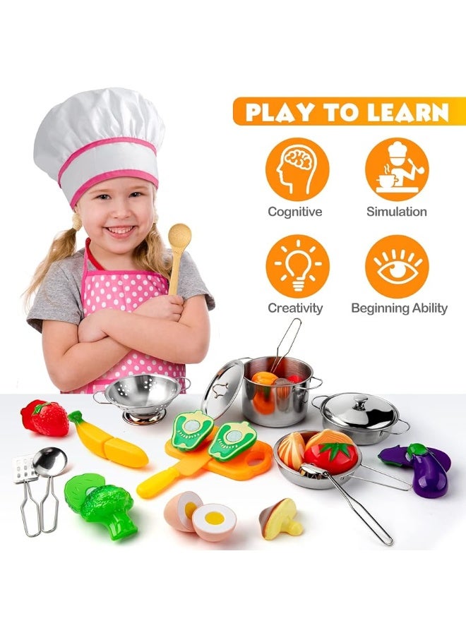 26PCS Play Kitchen Accessories, Kitchen Pretend Play Cooking Toys w/ Stainless Steel Cookware, Apron & Chef Hat,Pots and Pans Set, Cutting Foods, Great Learning Gifts for Toddler & Boys Girls