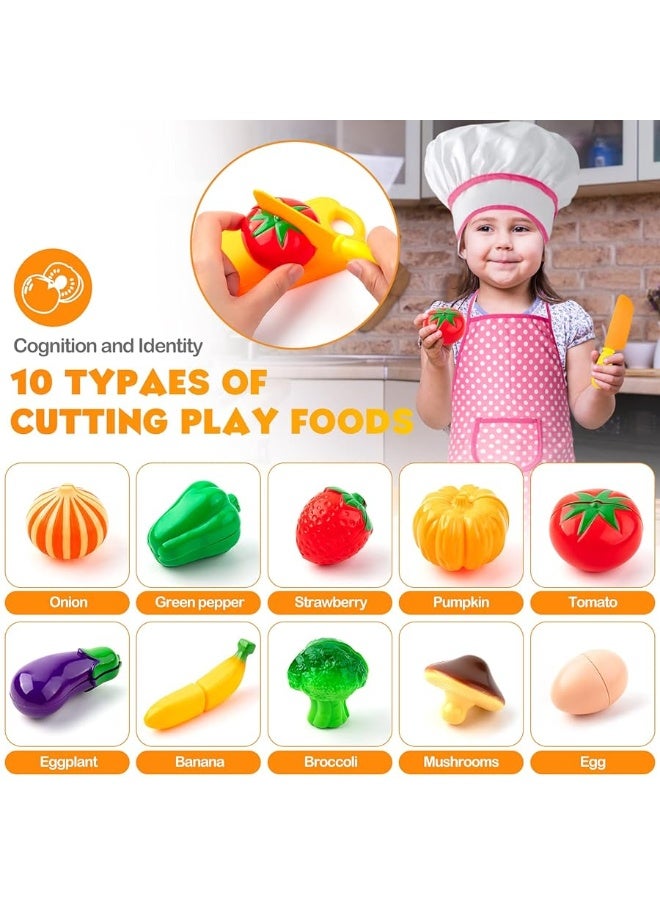 26PCS Play Kitchen Accessories, Kitchen Pretend Play Cooking Toys w/ Stainless Steel Cookware, Apron & Chef Hat,Pots and Pans Set, Cutting Foods, Great Learning Gifts for Toddler & Boys Girls