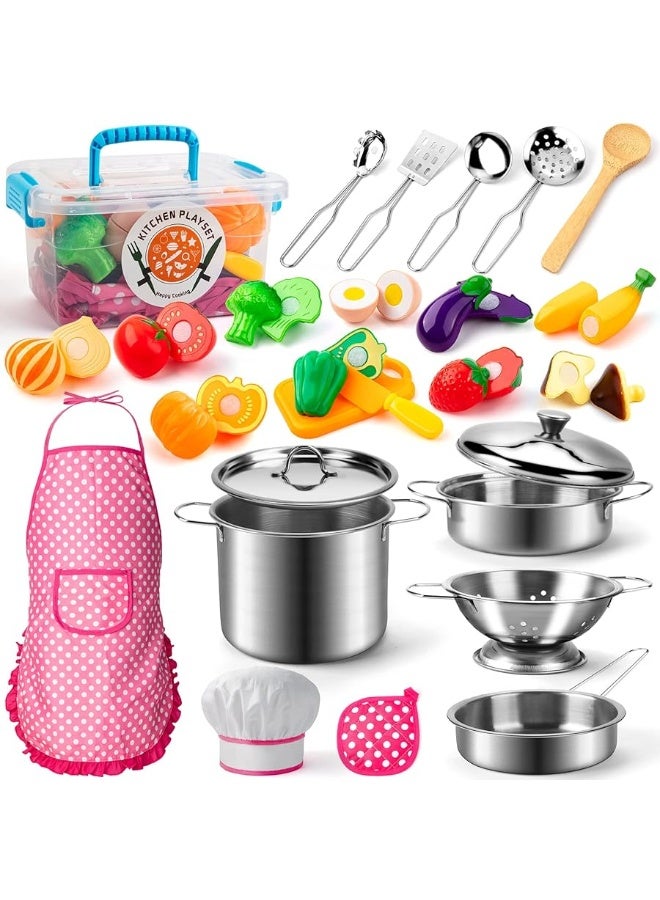 26PCS Play Kitchen Accessories, Kitchen Pretend Play Cooking Toys w/ Stainless Steel Cookware, Apron & Chef Hat,Pots and Pans Set, Cutting Foods, Great Learning Gifts for Toddler & Boys Girls