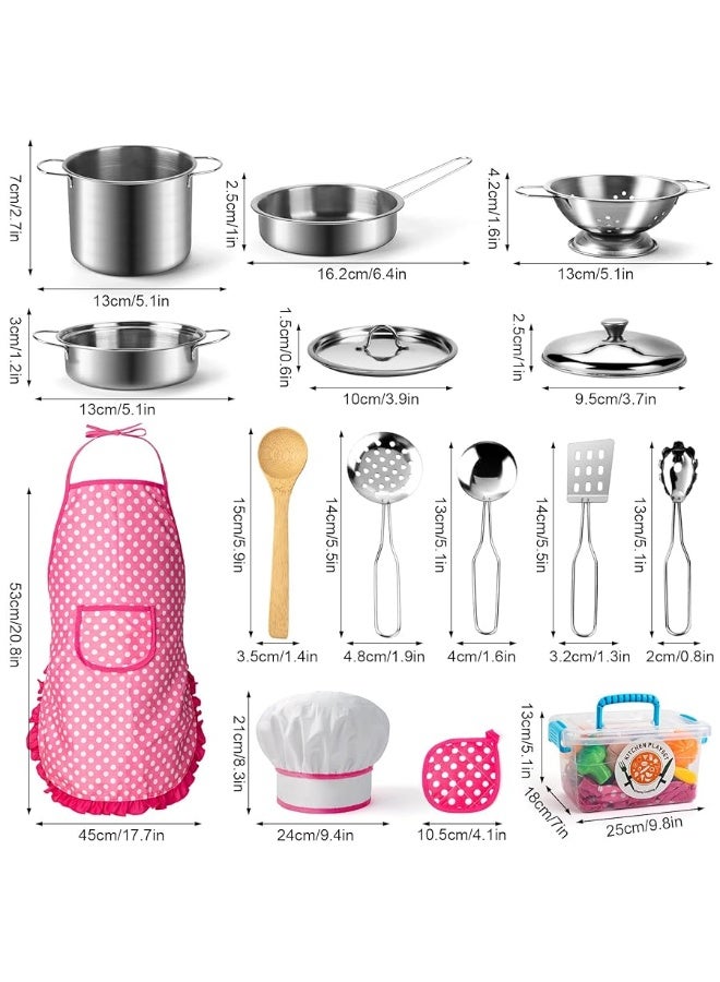 26PCS Play Kitchen Accessories, Kitchen Pretend Play Cooking Toys w/ Stainless Steel Cookware, Apron & Chef Hat,Pots and Pans Set, Cutting Foods, Great Learning Gifts for Toddler & Boys Girls