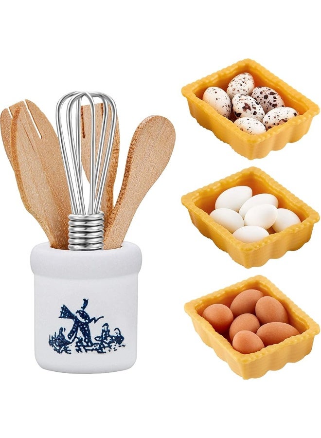 Skylety 28 Pieces 112 Dollhouse Kitchen Decorations 6 Pieces Miniature Egg Beater and Utensils with 18 Pieces Mini Egg Models Miniature Food Toy with Pottery Holder Pretend Play Toy