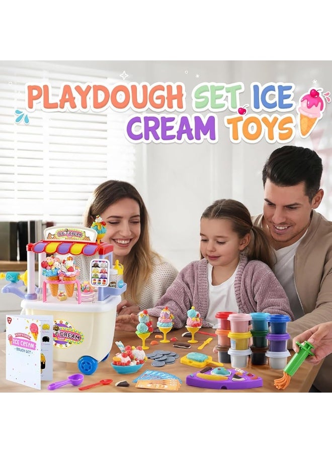 PLAY Ice Cream Cart Toys for Kids - Playdough Ice Cream Sets for Kids Ages 4-8 with 12 Cans, Ice Cream Truck Toys for Kids, Pretend Toy Ice Cream Shop Counter Playset for Girls Boys Kids Gifts