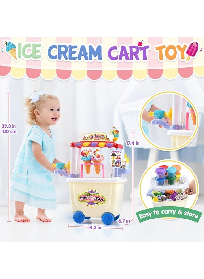 PLAY Ice Cream Cart Toys for Kids - Playdough Ice Cream Sets for Kids Ages 4-8 with 12 Cans, Ice Cream Truck Toys for Kids, Pretend Toy Ice Cream Shop Counter Playset for Girls Boys Kids Gifts