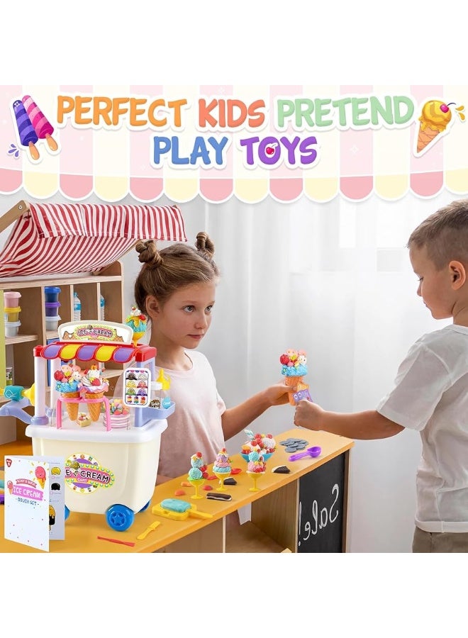 PLAY Ice Cream Cart Toys for Kids - Playdough Ice Cream Sets for Kids Ages 4-8 with 12 Cans, Ice Cream Truck Toys for Kids, Pretend Toy Ice Cream Shop Counter Playset for Girls Boys Kids Gifts