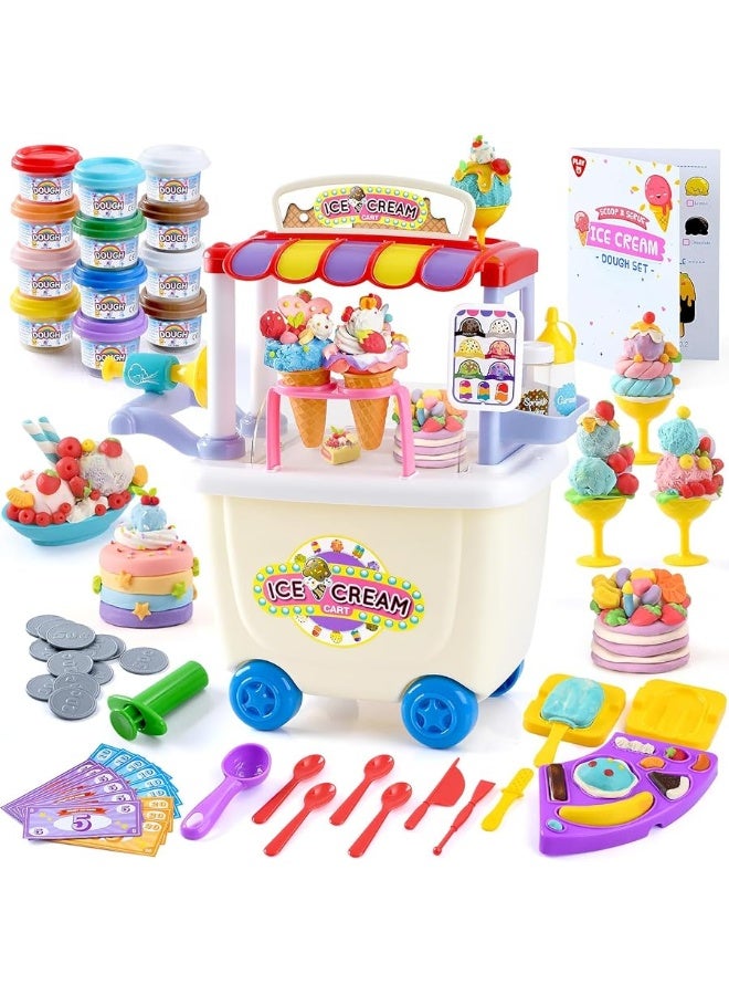 PLAY Ice Cream Cart Toys for Kids - Playdough Ice Cream Sets for Kids Ages 4-8 with 12 Cans, Ice Cream Truck Toys for Kids, Pretend Toy Ice Cream Shop Counter Playset for Girls Boys Kids Gifts