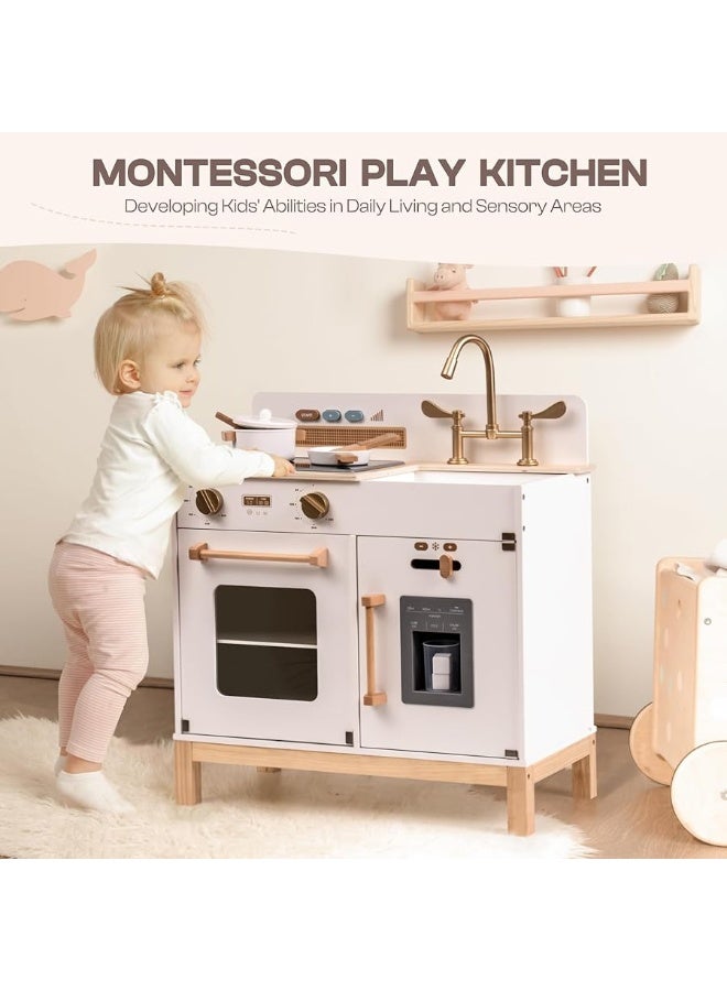 ROBOTIME Play Kitchen for Toddlers, Wooden Kids Play Kitchen Playset with Real Lights & Sounds/Ice Cube Dispenser, Pretend Play Montessori Toy Kitchen, Gift for Ages 3+ (White)