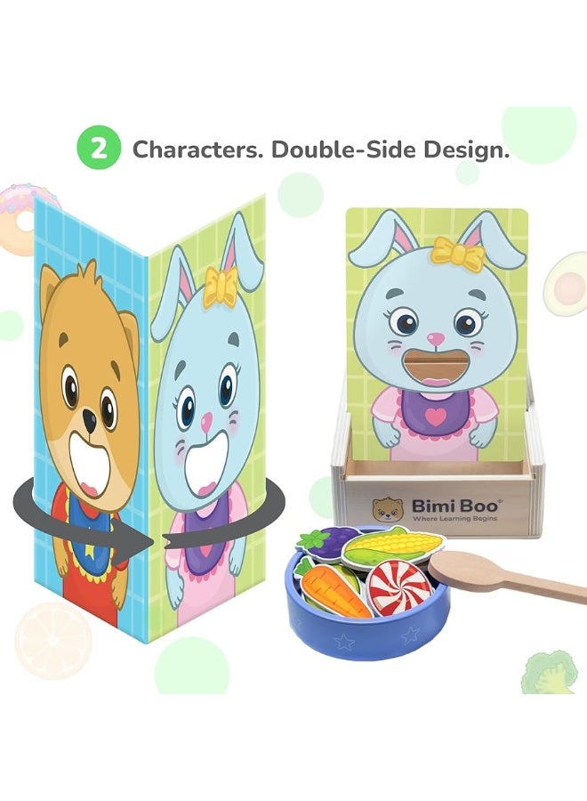 Bimi Boo Wooden Feeding Toy for Toddlers Ages 14  Pretend Food Game for Preschoolers Play Food Set for Kids Learning Resources Food Group Activities  27 Various Foods a Spoon Bowl