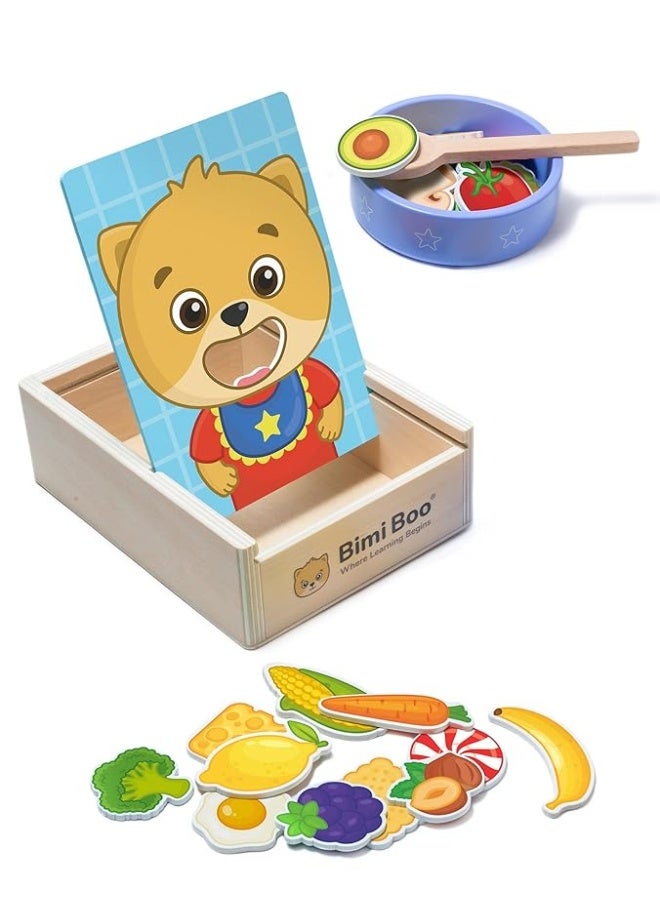 Bimi Boo Wooden Feeding Toy for Toddlers Ages 14  Pretend Food Game for Preschoolers Play Food Set for Kids Learning Resources Food Group Activities  27 Various Foods a Spoon Bowl