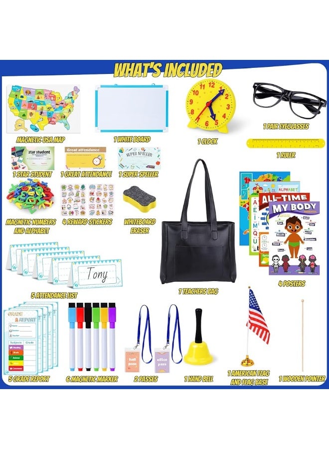 Gifts2U Pretend Play School Sets for Kids - With Teacher Bag, Whiteboard, Learning Clock, Educational Posters and Teaching Toy Supplies.