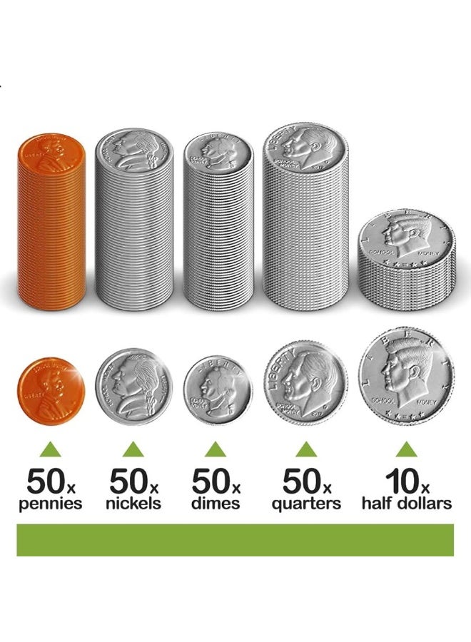 Learn & Climb Play Money Coins for Kids - 10 Half Dollars, 50 Quarters, 50 Dimes, 50 Nickels, 50 Pennies