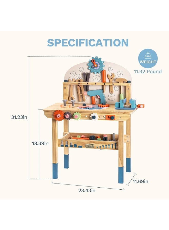 ROBUD Large Wooden Play Tool Workbench Set for Kids Toddlers, Construction Workshop Tool Bench Toys Gift, Multicolor