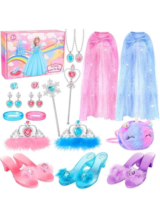 Fedio Princess Dress Up Shoes Set Little Girls Role Play Shoes Pretend Princess Gift Toy Set with 3 Pairs of Shoes,Princess Cape,Crown Tiaras,Unicorn Purse for Girls Aged 3,4,5,6 Birthday Christmas