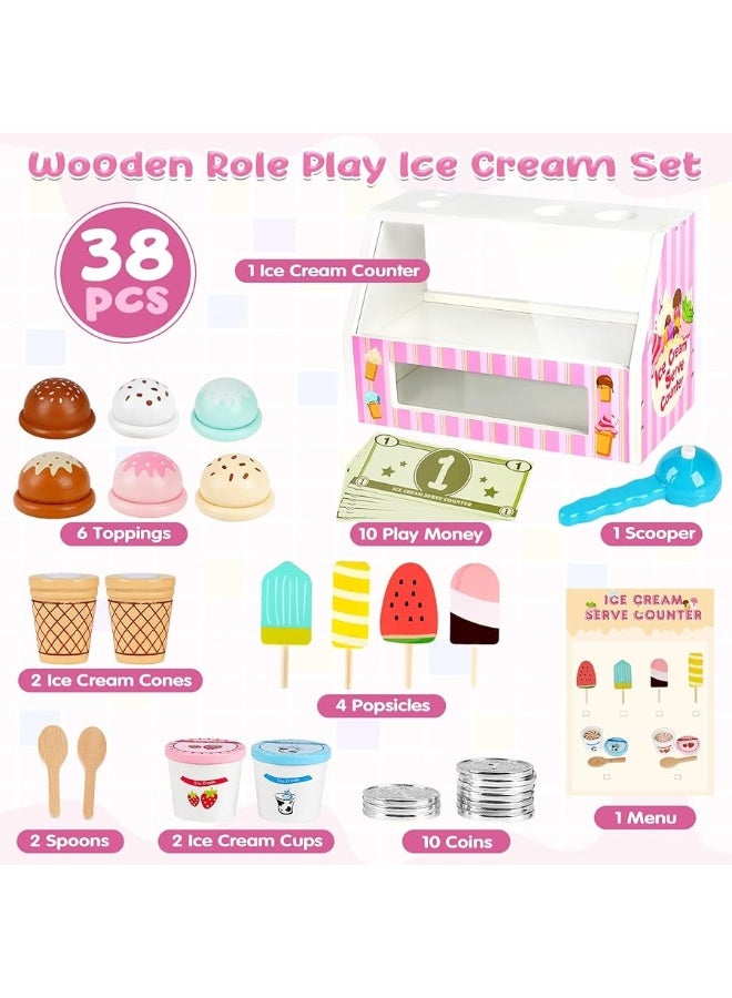 Dreamon Ice Cream Counter Playset for Kids, 38 PCS Wooden Ice Cream Set Shop for Toddlers 3-5, Toddler Pretend Play Toy, Christmas Birthday Gift for Boys and Girls