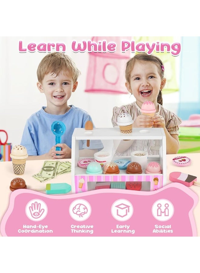 Dreamon Ice Cream Counter Playset for Kids, 38 PCS Wooden Ice Cream Set Shop for Toddlers 3-5, Toddler Pretend Play Toy, Christmas Birthday Gift for Boys and Girls