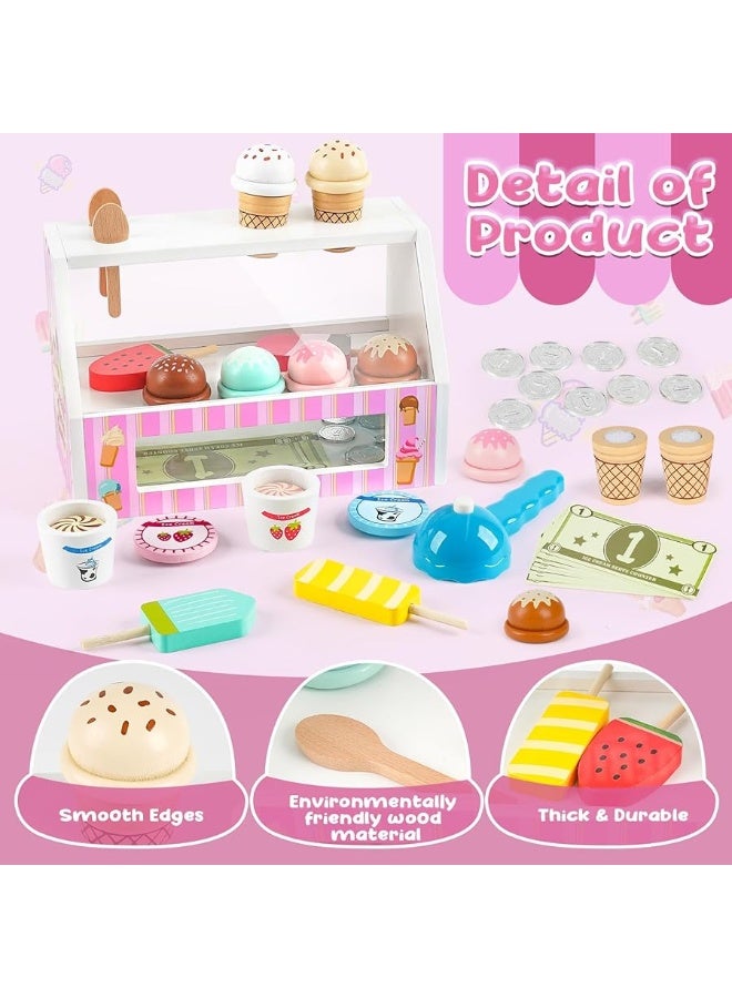 Dreamon Ice Cream Counter Playset for Kids, 38 PCS Wooden Ice Cream Set Shop for Toddlers 3-5, Toddler Pretend Play Toy, Christmas Birthday Gift for Boys and Girls