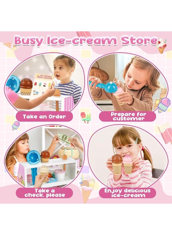 Dreamon Ice Cream Counter Playset for Kids, 38 PCS Wooden Ice Cream Set Shop for Toddlers 3-5, Toddler Pretend Play Toy, Christmas Birthday Gift for Boys and Girls