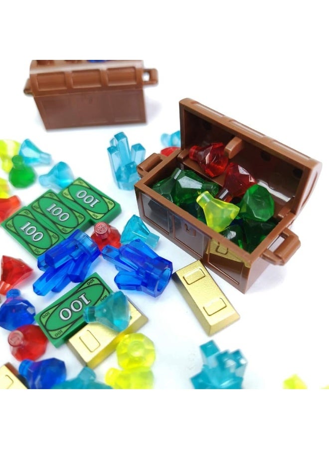 Treasure Accessories Jewel Chest, Gems Diamonds, Bullion Gold Bar, Crystals, 100 Dollar Bill Cash Toy Pirate Building Blocks Set for Kids 5 6 7 8 Years Old