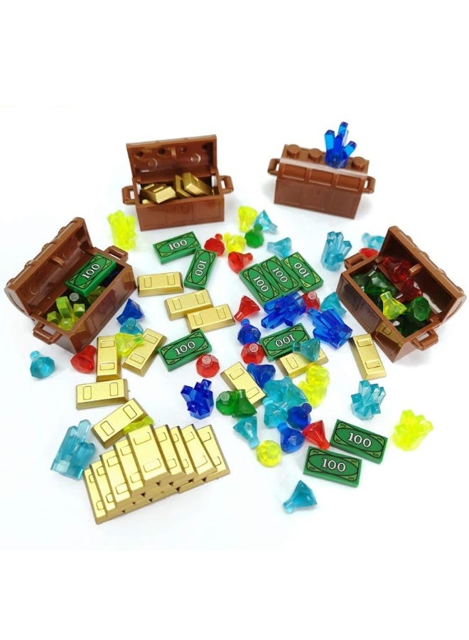 Treasure Accessories Jewel Chest, Gems Diamonds, Bullion Gold Bar, Crystals, 100 Dollar Bill Cash Toy Pirate Building Blocks Set for Kids 5 6 7 8 Years Old