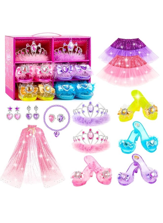 Jeowoqao Princess Dress up Shoes,Girls Dress up Shoes Princess Dress Up Pretend Play Set- 4 Pair of Princess Shoes, Princess Dresses Princess Cape Jewelry Toys for Toddler Girls Age 3-6 Years Gifts