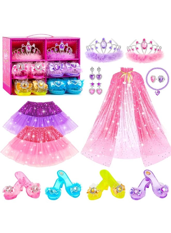 Jeowoqao Princess Dress up Shoes,Girls Dress up Shoes Princess Dress Up Pretend Play Set- 4 Pair of Princess Shoes, Princess Dresses Princess Cape Jewelry Toys for Toddler Girls Age 3-6 Years Gifts