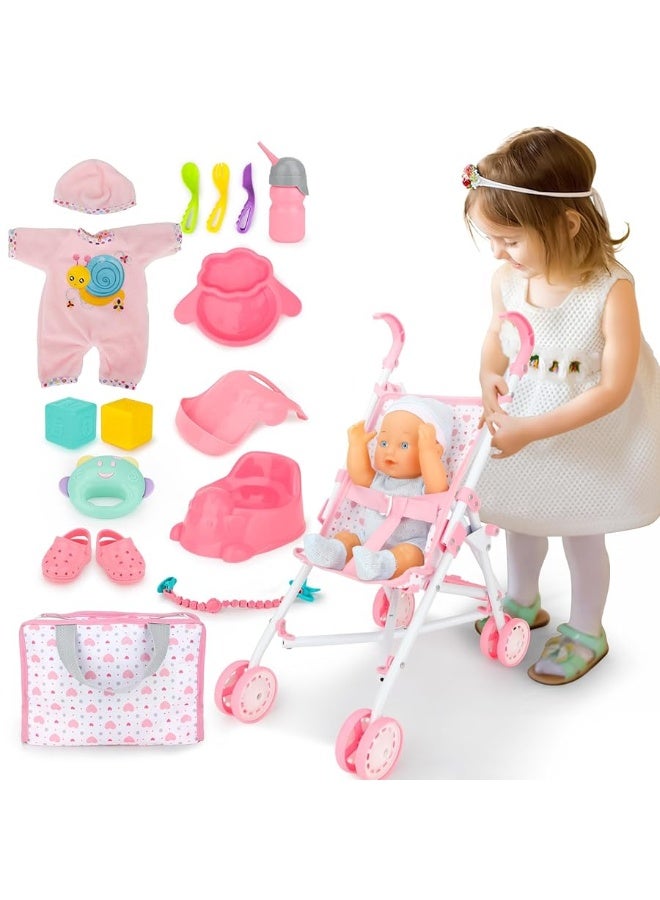 deAO Baby Doll Stroller Set with 13 inch Doll,Kids Play Stroller Toys,13