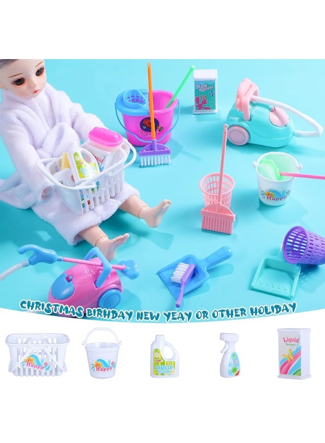 22 Pieces Miniature Bucket Doll Housework Cleaning Supplies Mini Dollhouse Accessories Mop Dustpan, Brush, Broom, Bucket Dollhouse Furniture Decoration Accessories for Dolls Pretend Play, Random Color