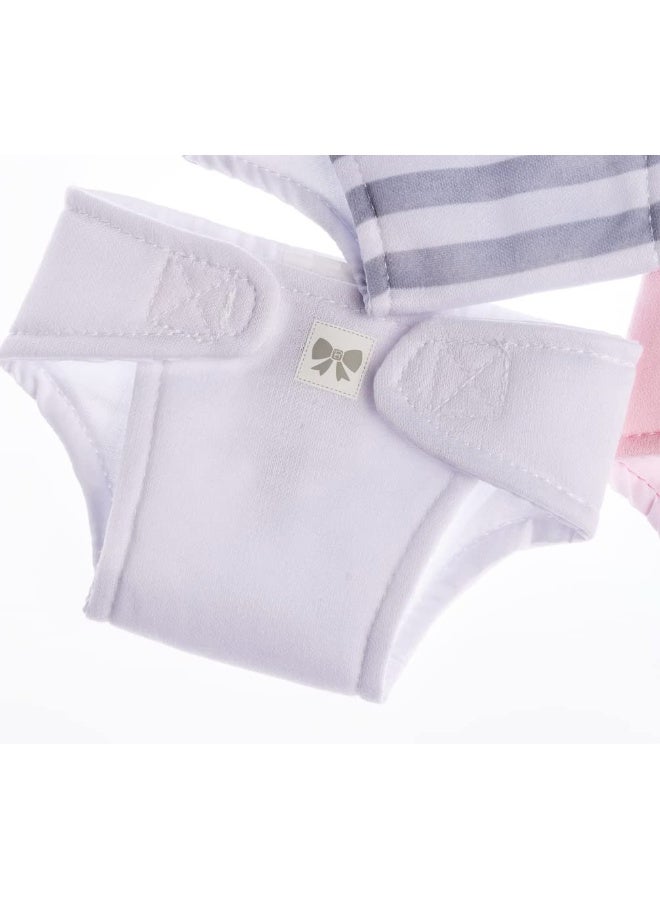 JC Toys Baby Doll Washable and Reusable Eco Diapers 4 Pack Fits Dolls 14 to 18 inch in Pink/White/Grey